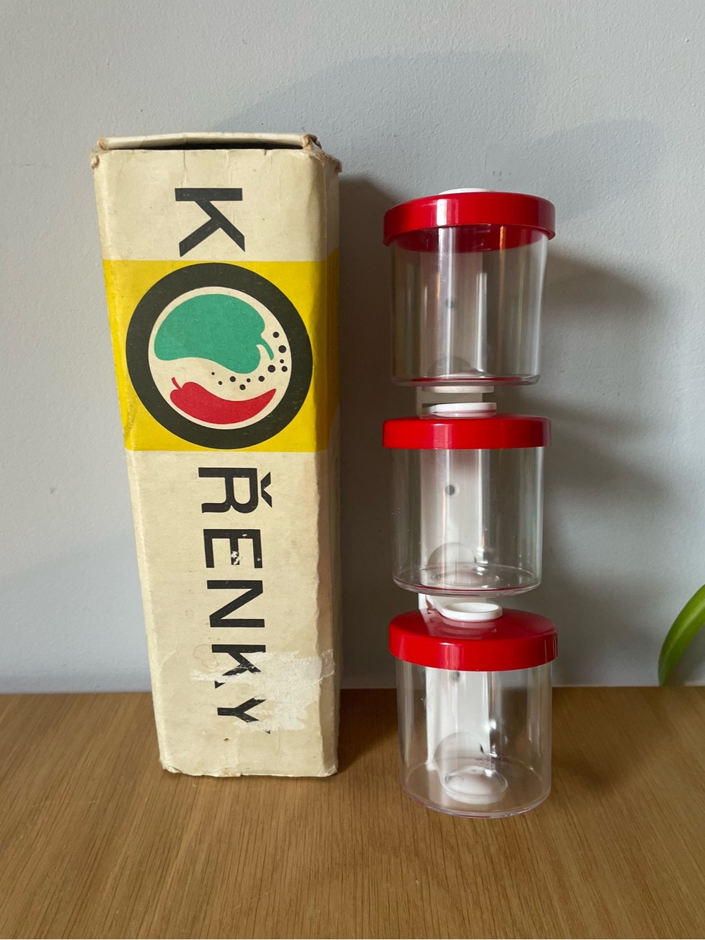 Rare Vintage MCM Kořenky Czechoslovakian Wall-Mounted Spice Rack & Jar Set